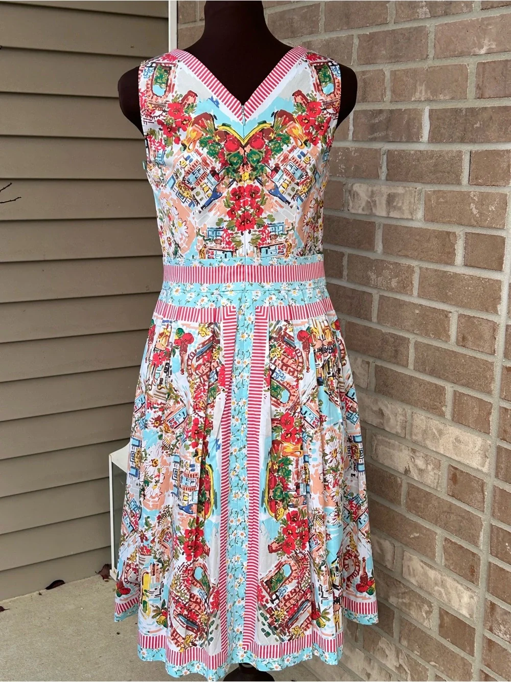 Talbots White Midi Dress with Red & Light Blue Floral Border Print - Picture 5 of 8